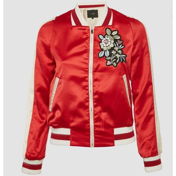 Maje Red Satin Floral Applique Bomber Jacket Size 38 - Picture 1 of 14